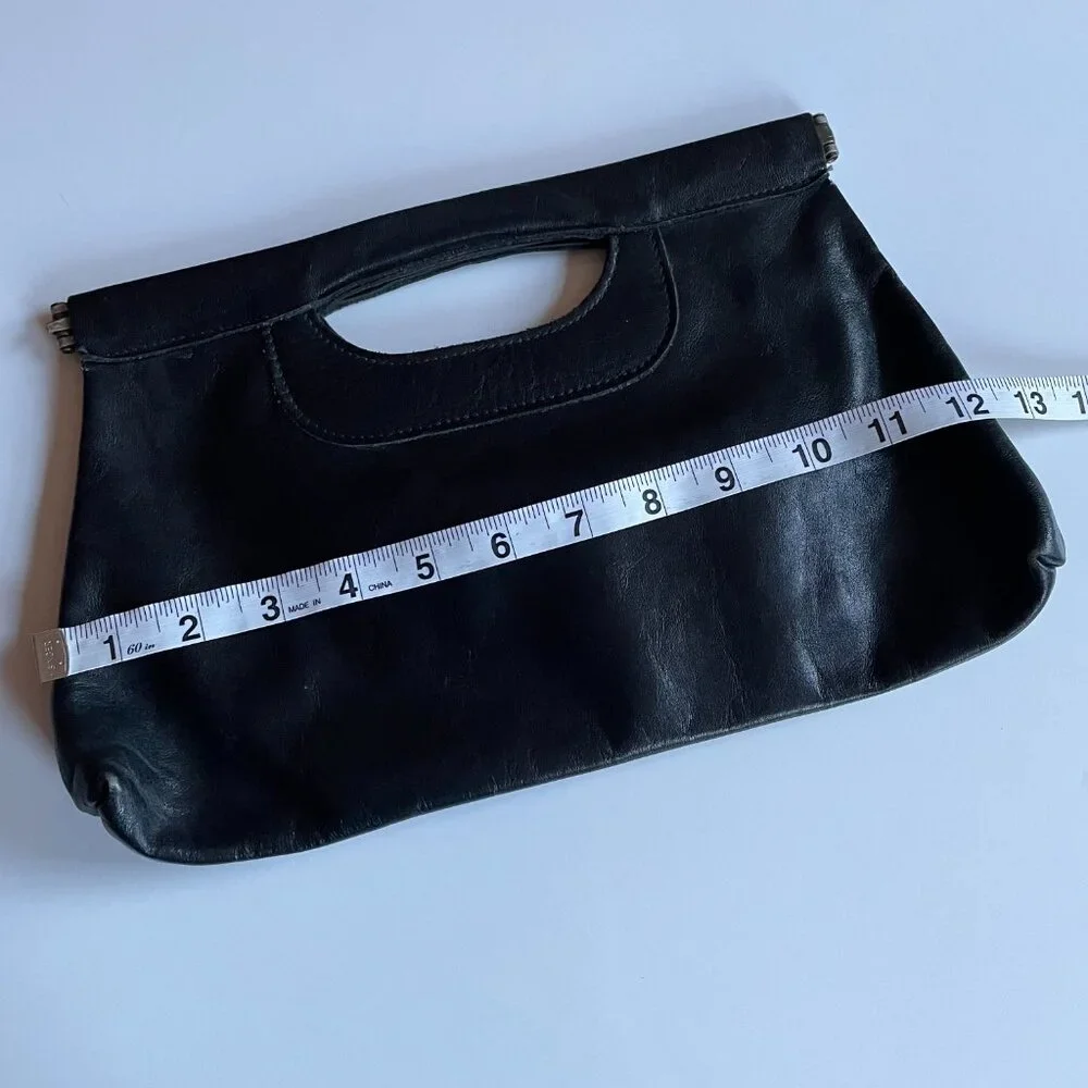 Vintage Black Genuine Leather Double Hinged Clutch with Cut Out Handle